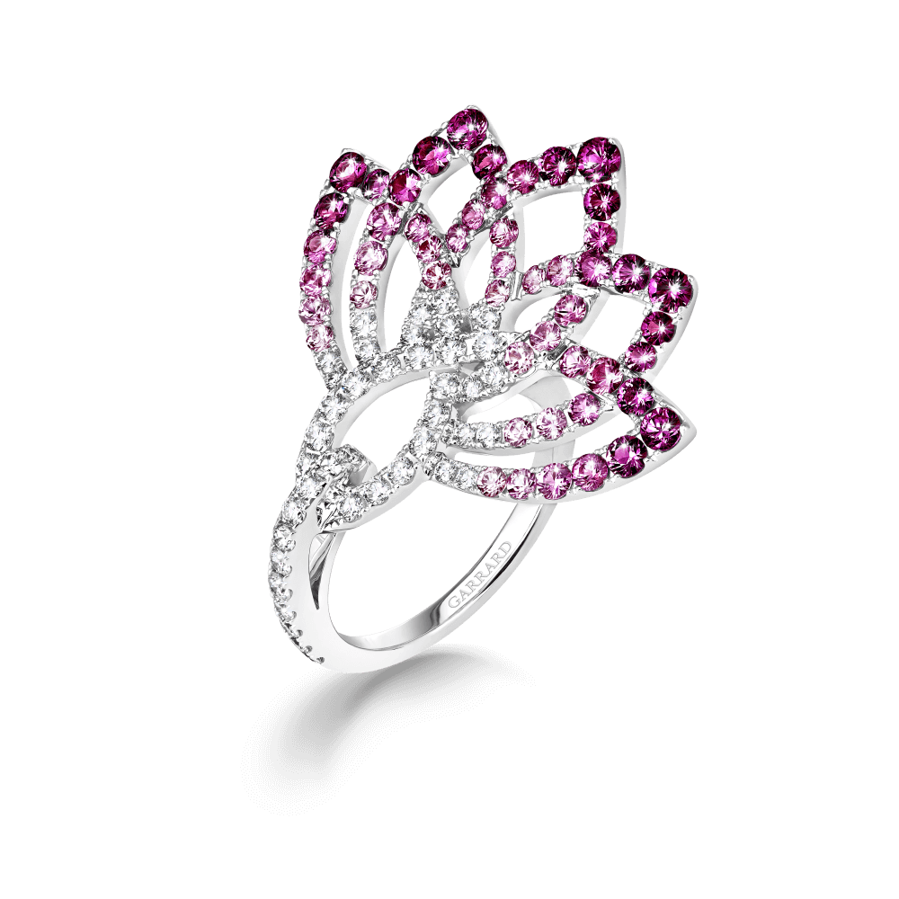 Garrard Lotus Jewellery Collection Lotus Flower Pink Sapphire and and Diamond Ring in 18K White Gold, 2019333, Hero