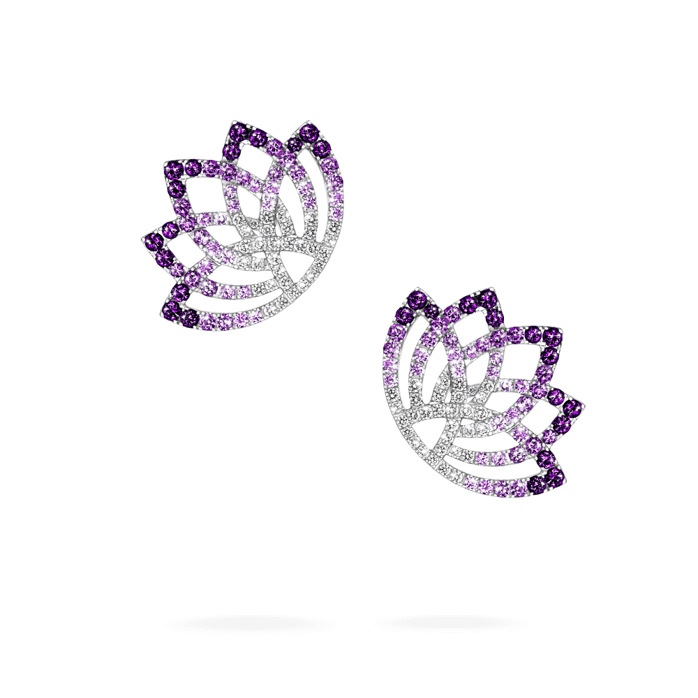 Garrard Lotus Jewellery Collection Lotus Flower Purple Sapphire and and Diamond Climber Earrings in 18K White Gold, 2019325, Hero