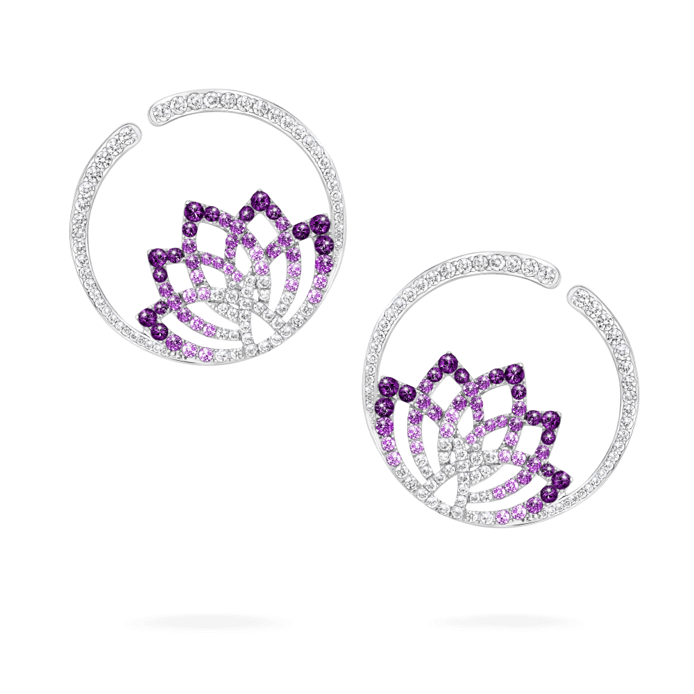 Garrard Lotus Jewellery Collection Lotus Flower Purple Sapphire and and Diamond Hoop Earrings in 18K White Gold, 2019331, Hero