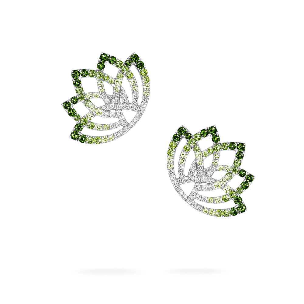 Garrard Lotus Jewellery Collection Lotus Flower Tsavorite Garnet and Diamond Climber Earrings in 18K White Gold, 2019323, Hero