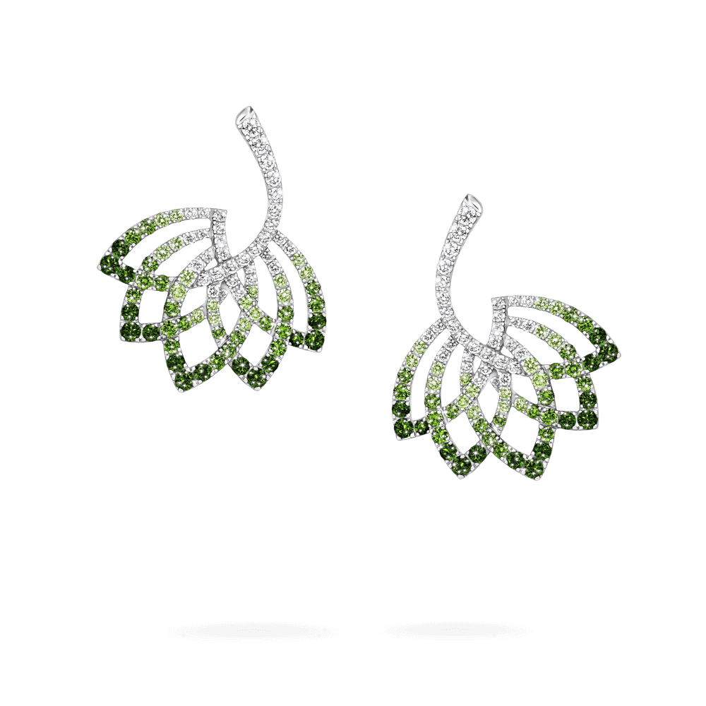 Garrard Lotus Jewellery Collection Lotus Flower Tsavorite Garnet and Diamond Drop Earrings in 18K White Gold, 2019317, Hero