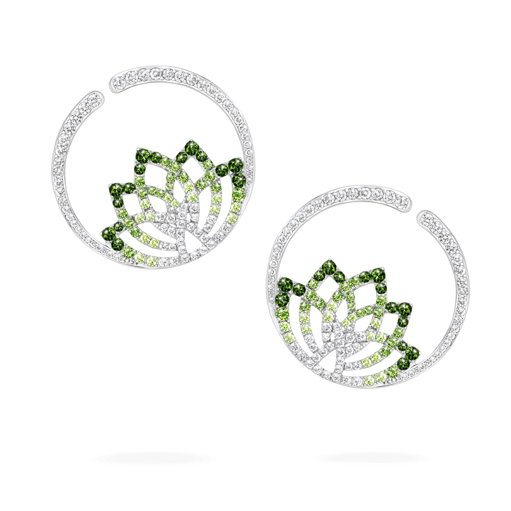 Garrard Lotus Jewellery Collection Lotus Flower Tsavorite Garnet and Diamond Hoop Earrings in 18K White Gold, 2019329, Hero