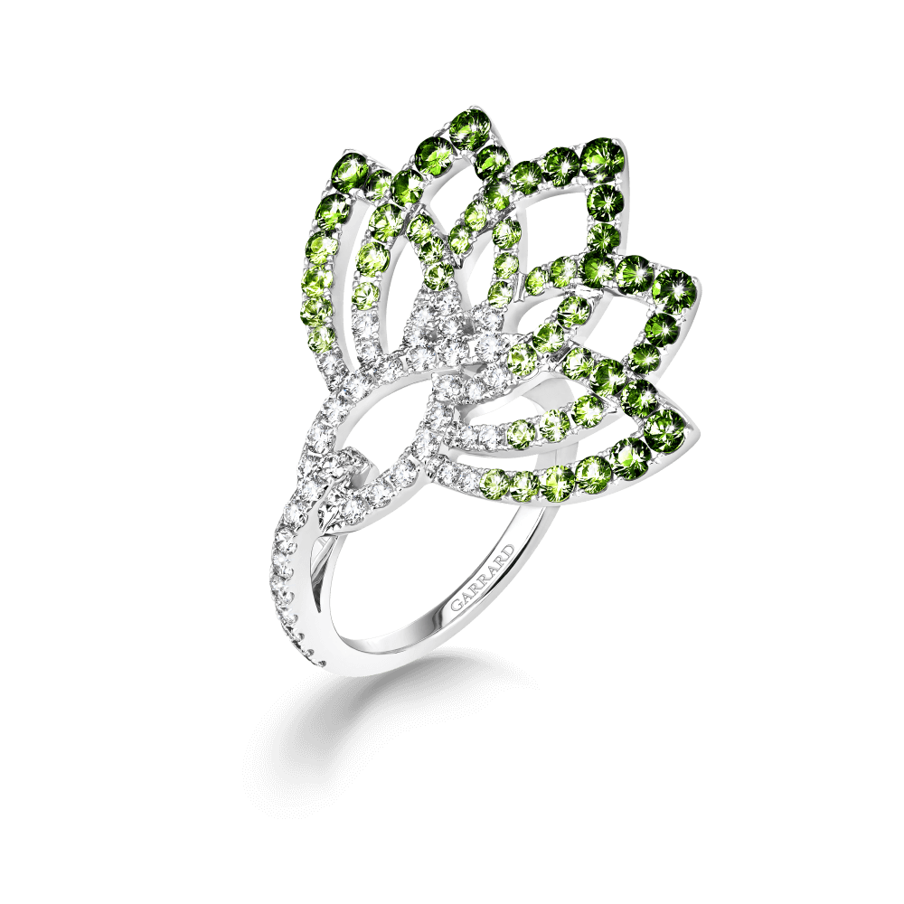 Garrard Lotus Jewellery Collection Lotus Flower Tsavorite Garnet and Diamond Ring in 18K White Gold, 2019335, Hero