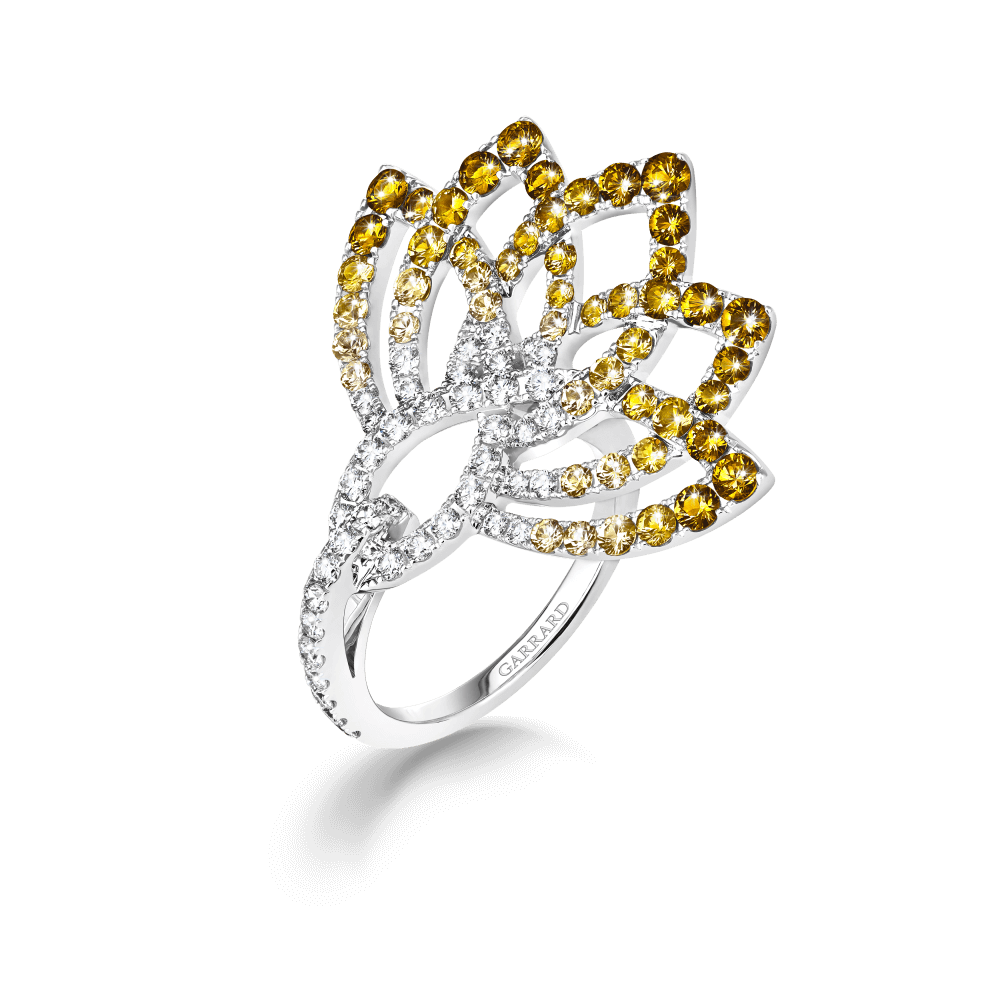 Garrard Lotus Jewellery Collection Lotus Flower Yellow Sapphire and and Diamond Ring in 18K White Gold, 2019336, Hero