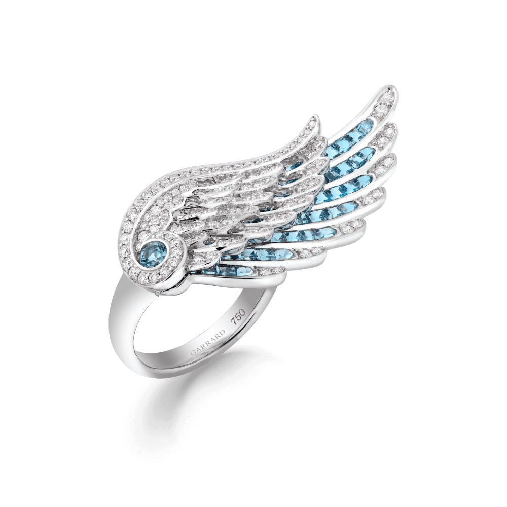 Garrard Wings Embrace jewellery collection Across the Finger Aquamarine and Diamond Ring In 18ct White Gold 2016579 Hero