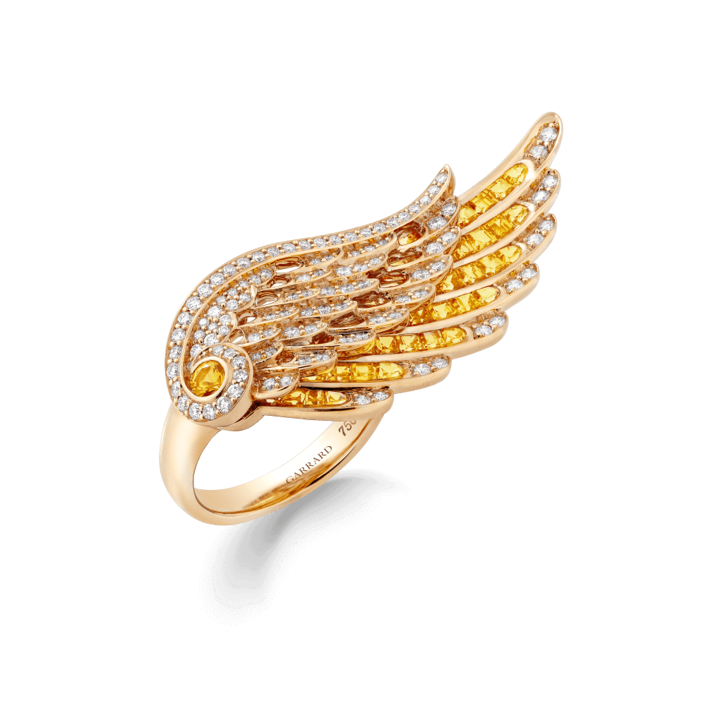 Garrard Wings Embrace jewellery collection Across the Finger Yellow Sapphire and Diamond Ring in 18ct Yellow Gold 2016582 Hero